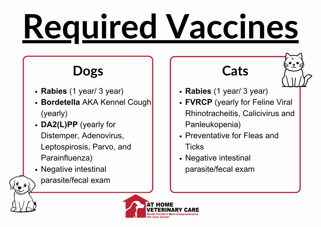 Graphic listing all of the required vaccines and preventive health care for dogs and cats at At Home Veterinary Care.